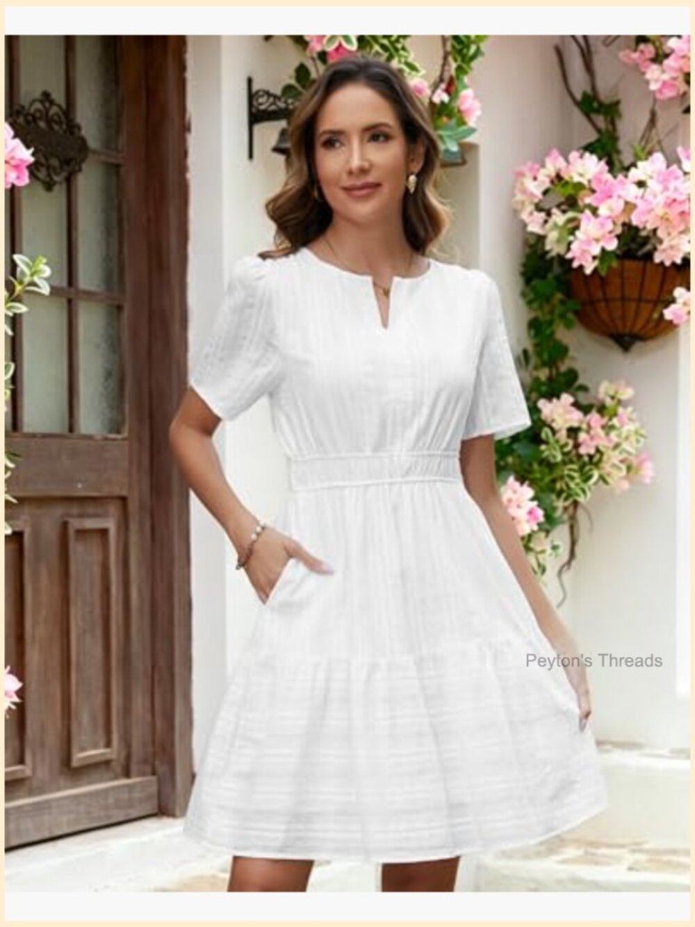 Summer Casual Mini Dress Short Sleeve V-Neck Flowy A-Line Boho Beach Dress with - Picture 3 of 7